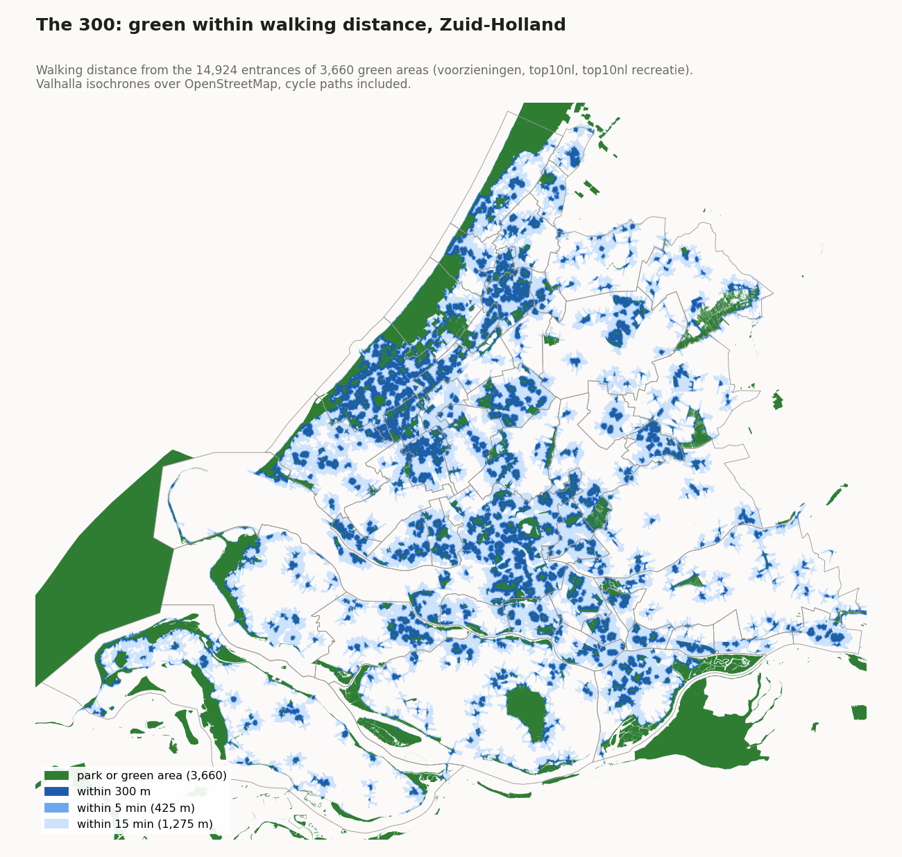 Kaart van Zuid-Holland met de groengebieden en daaromheen in blauw wat binnen 300 m, 5 en 15 minuten lopen ligt
