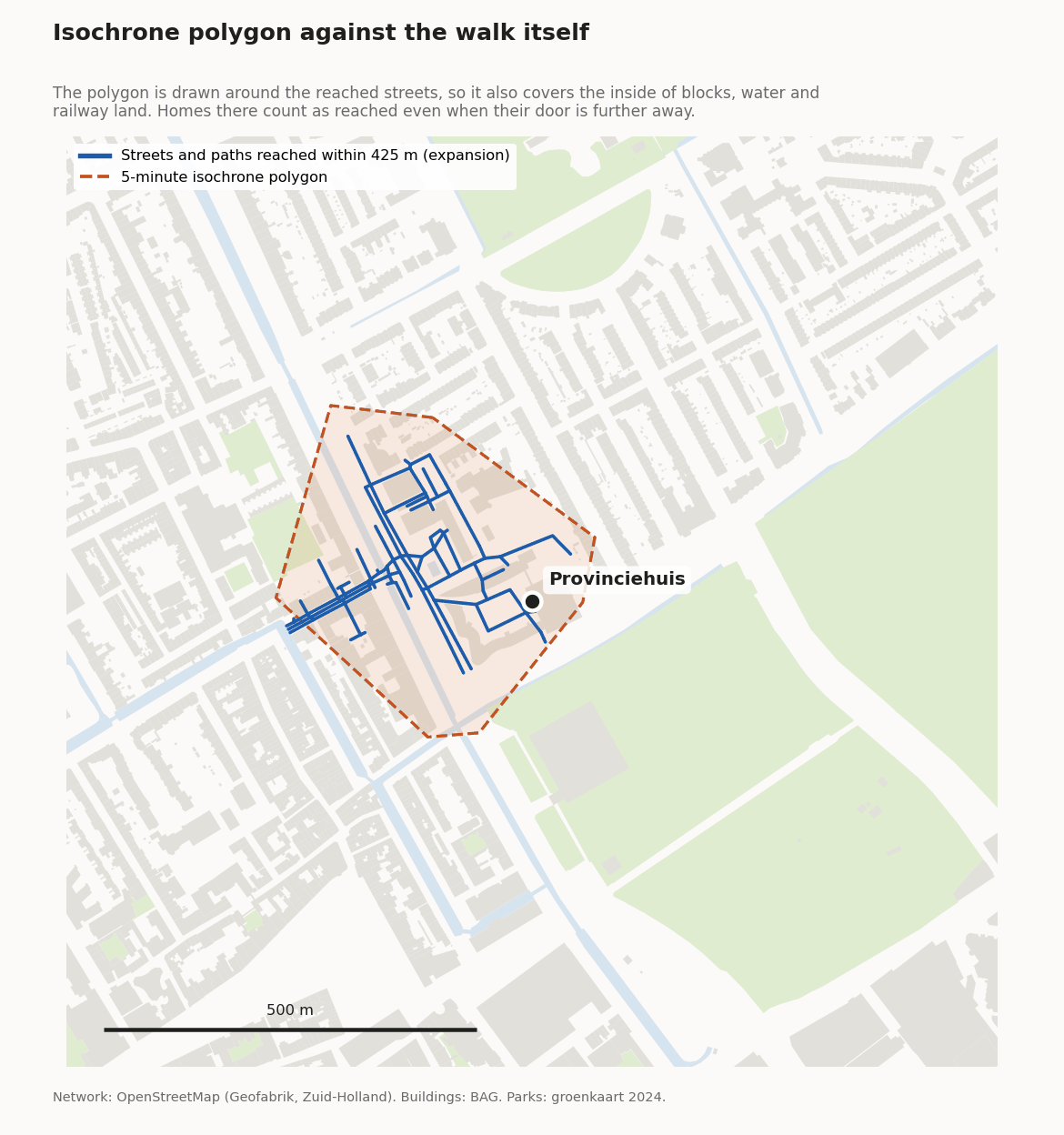 De straten binnen 425 m lopen vanaf het Provinciehuis, met daaroverheen een veel ruimer oranje vlak: de isochroon van 5 minuten